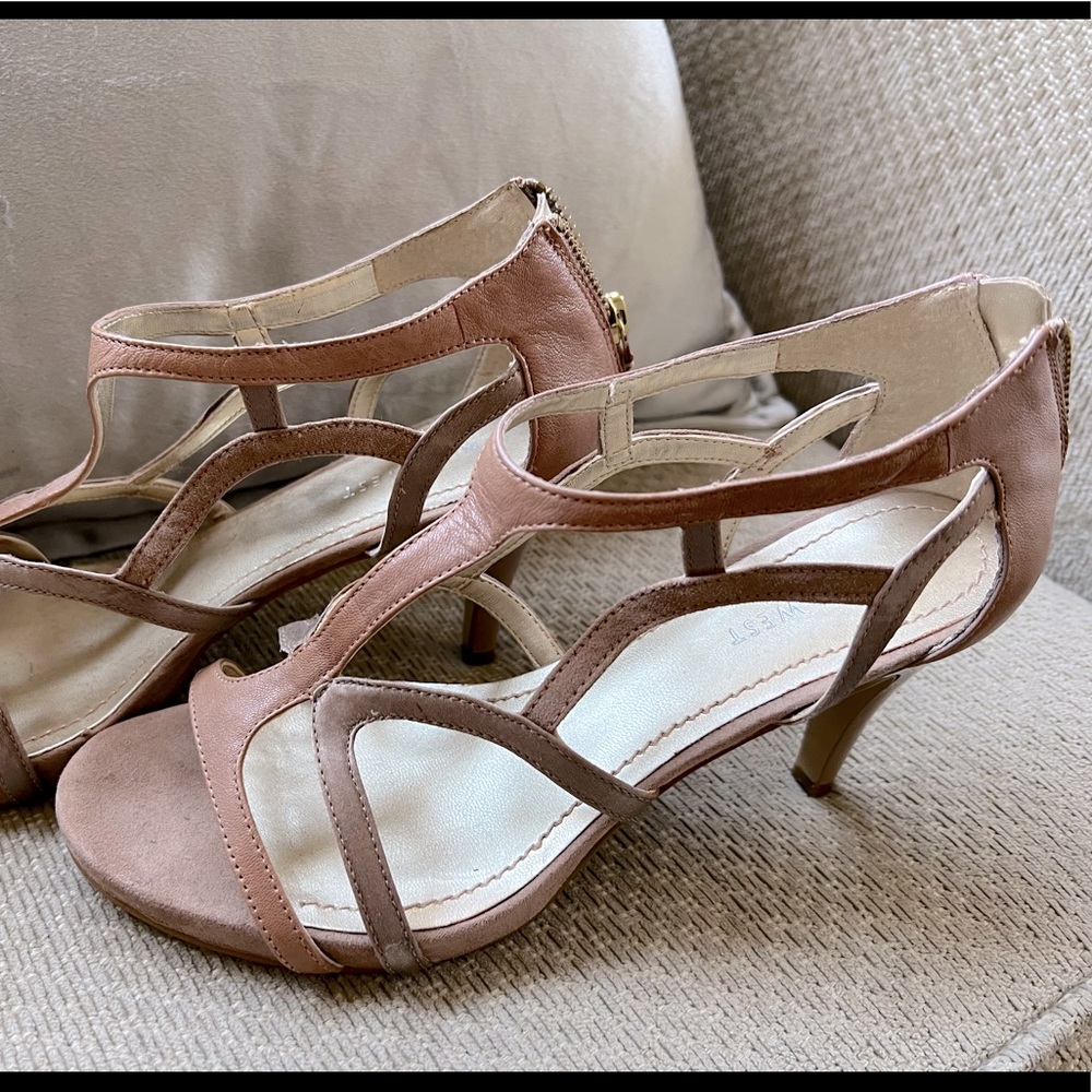 Nine West Multi-Color Heeled Sandals, New, 6.5, Tan/Gold/Blush